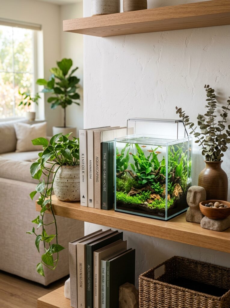 Books, plants and aquarium arranged naturally on a modern shelf