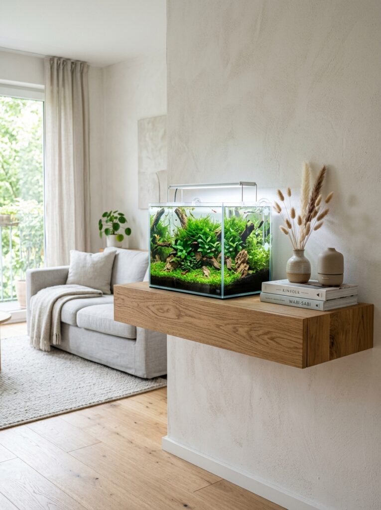 Floating shelf supporting a stylish planted aquarium