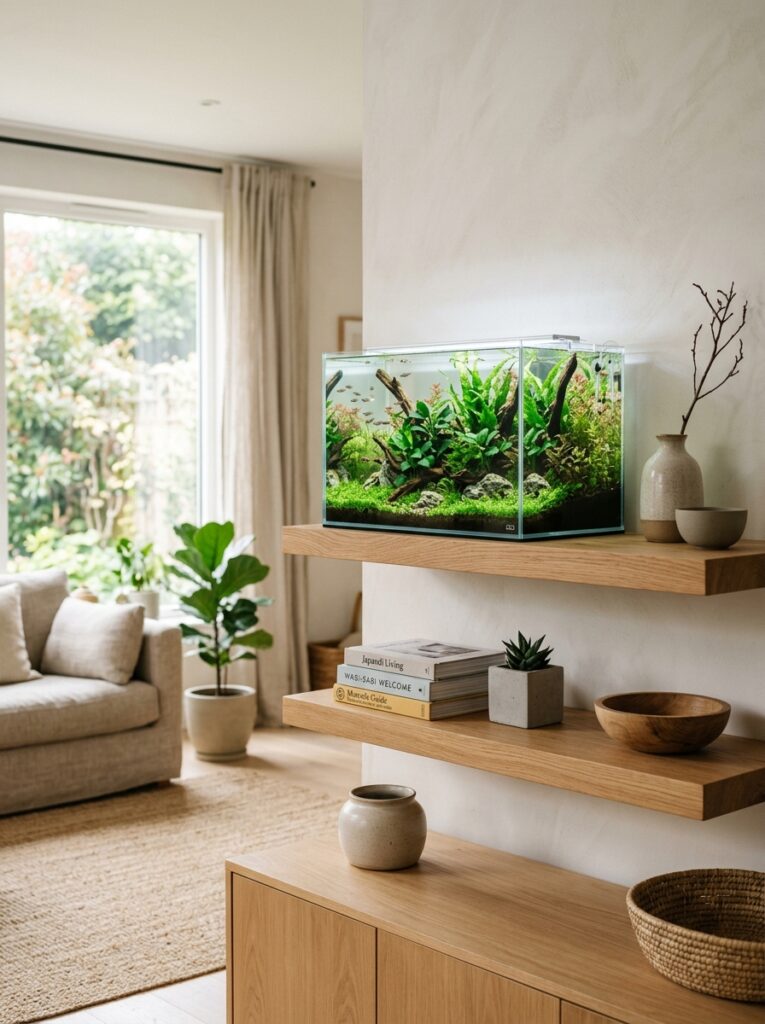 Clean uncluttered aquarium shelf display in a modern home