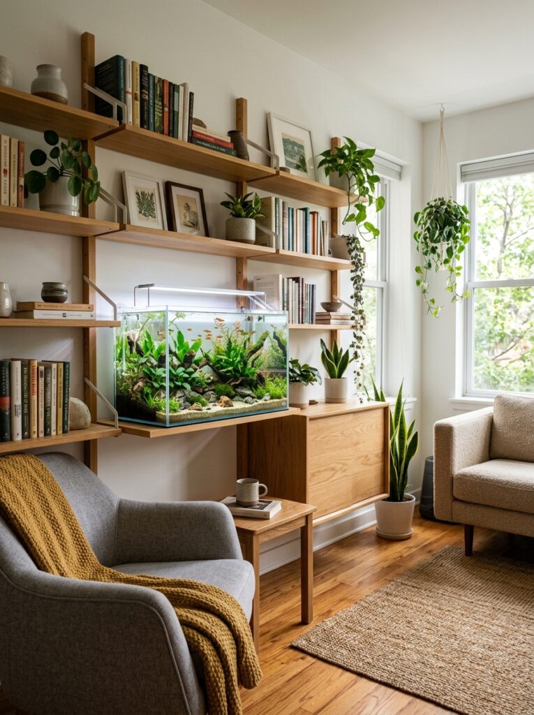 Compact aquarium integrated into apartment shelving decor