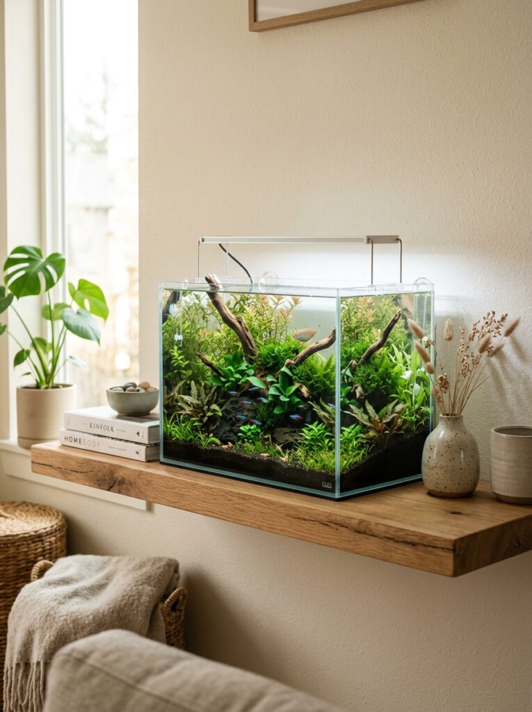 Minimalist shelf aquarium styling with balanced decor
