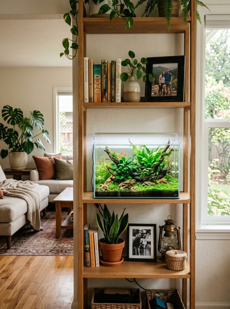 Personalized shelf display featuring a planted aquarium and meaningful decor