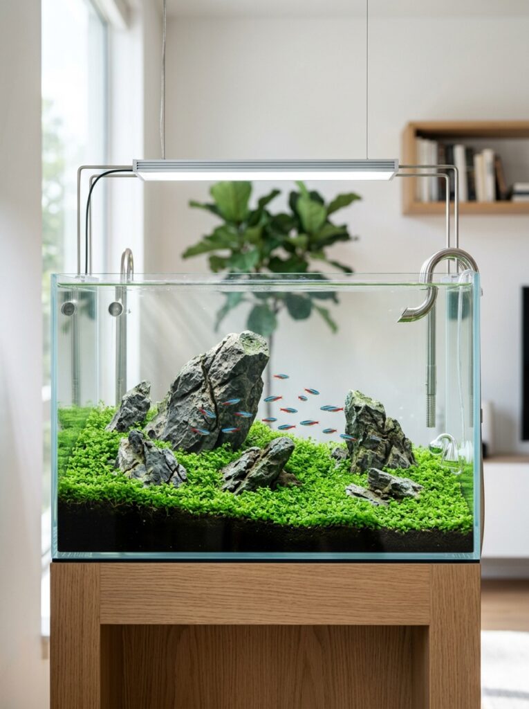 Peaceful nano fish swimming through a beautifully planted small aquarium