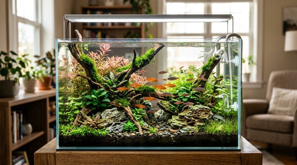 Peaceful nano fish swimming through a beautifully planted small aquarium