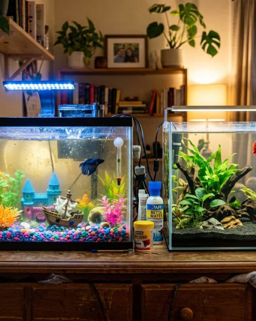 Messy beginner betta fish tank beside a clean modern nano aquarium