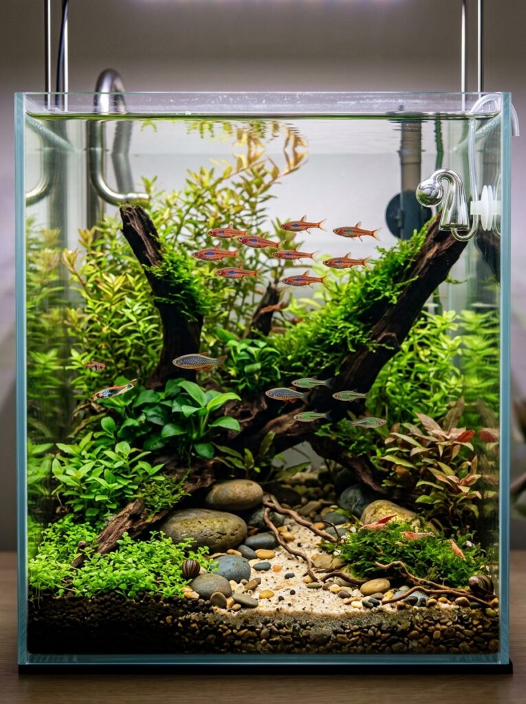 Multiple nano fish species thriving in a planted aquarium
