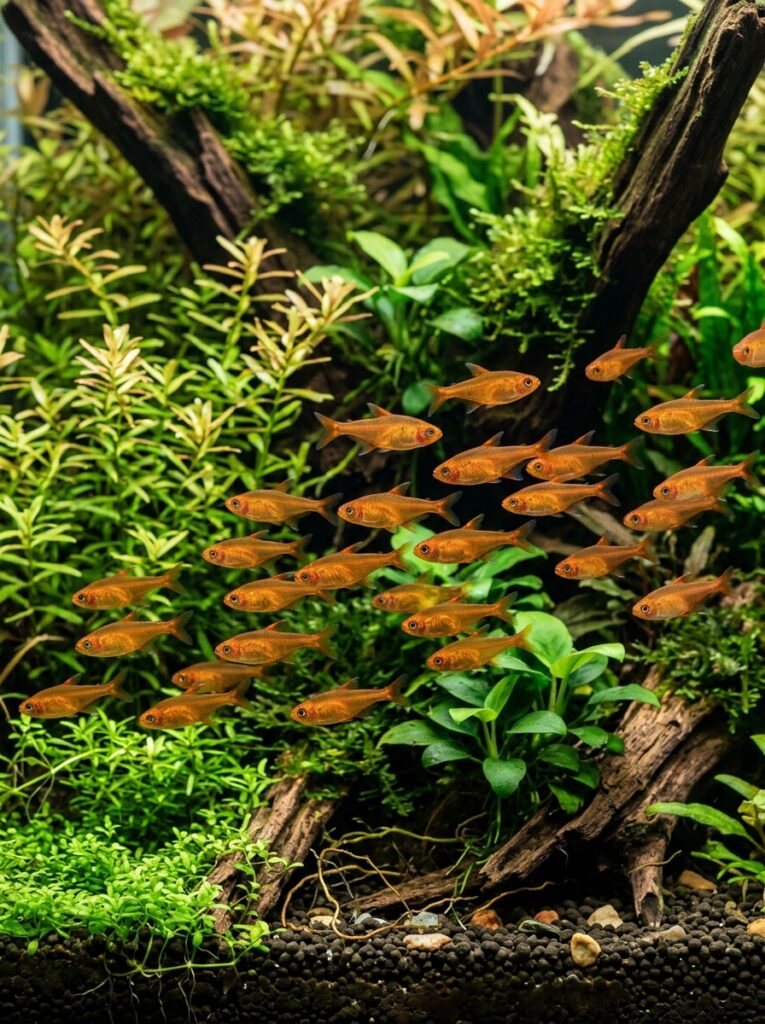 281 School of Ember Tetras swimming among lush green plants