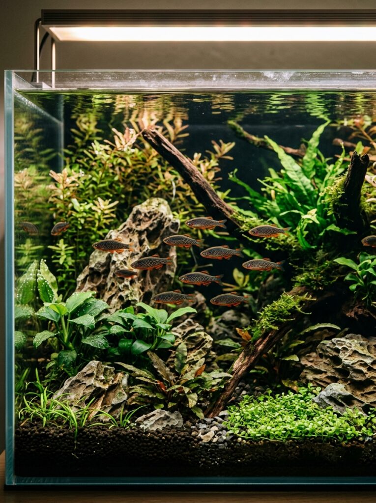 Celestial Pearl Danios exploring a natural aquascape
