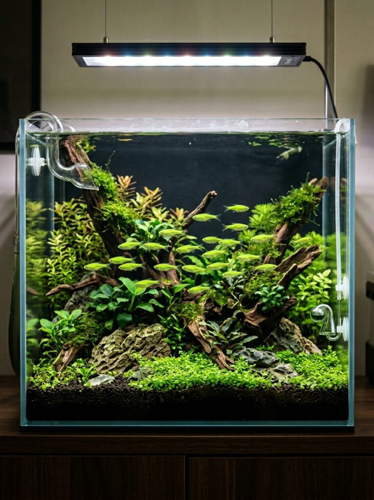 Neon Green Rasboras swimming through a modern planted tank