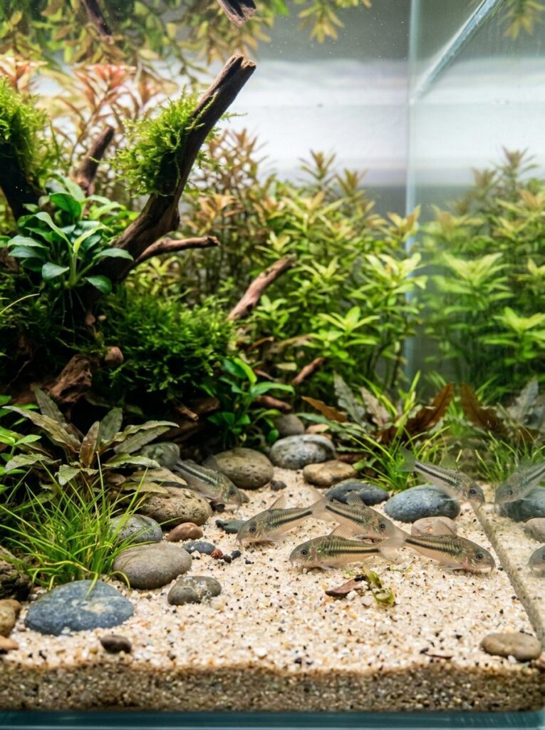 Pygmy Corydoras searching along a sandy aquarium bottom
