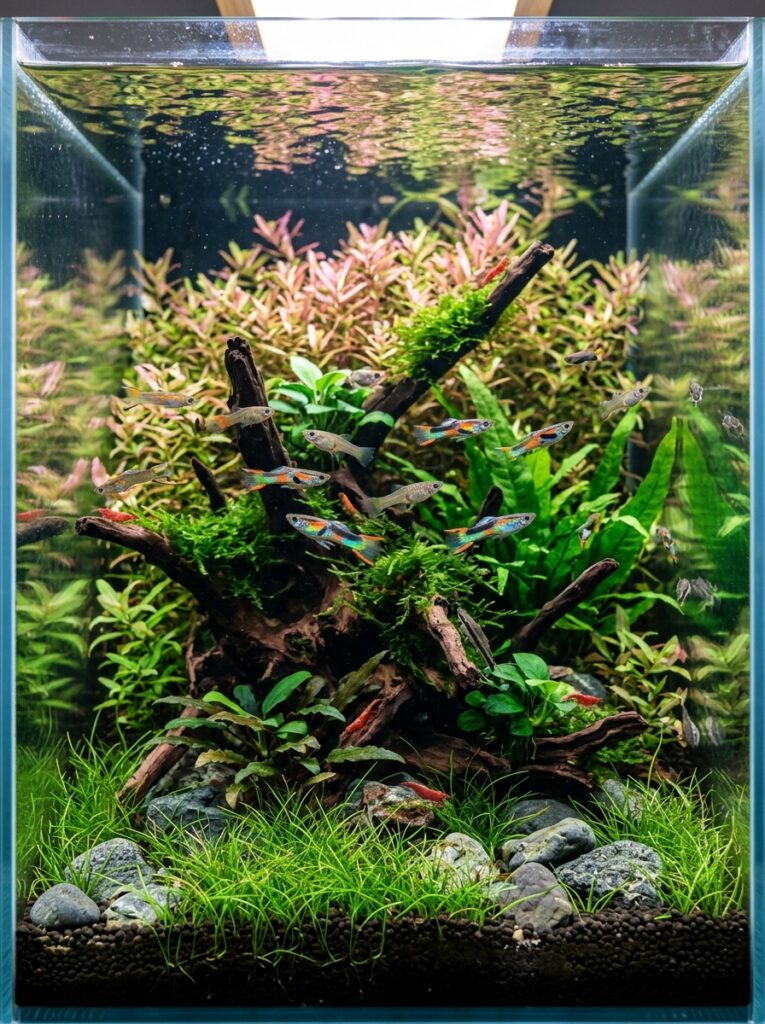Colorful Endlers Livebearers in a planted community aquarium