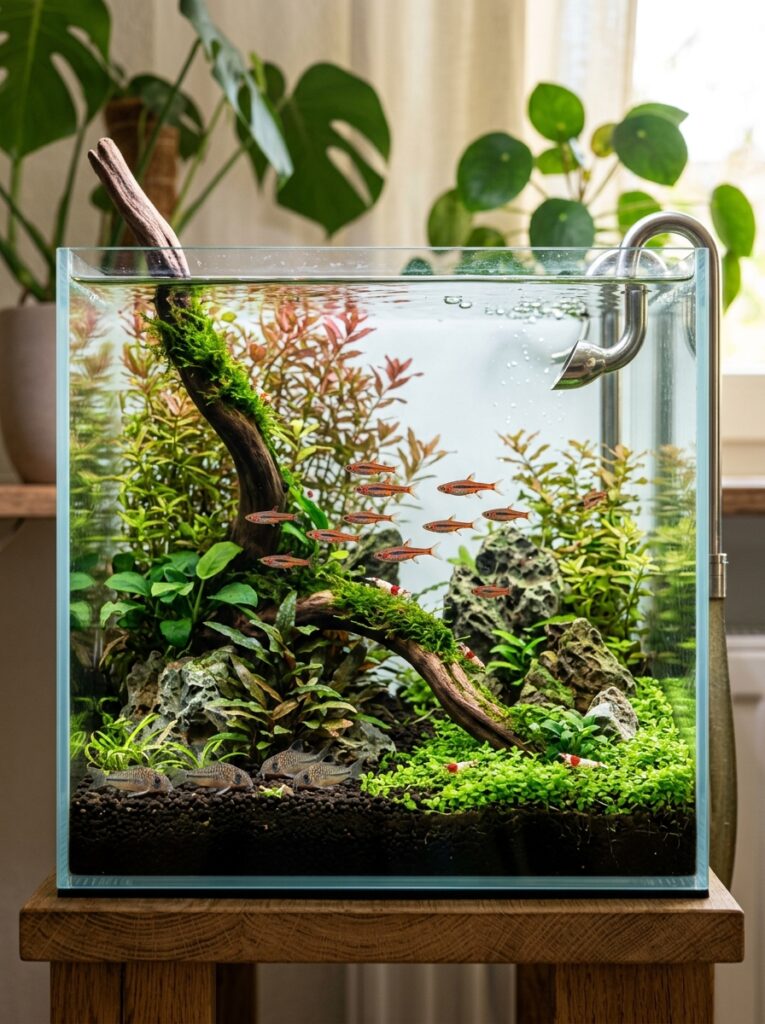 Balanced nano community aquarium with healthy fish and plants