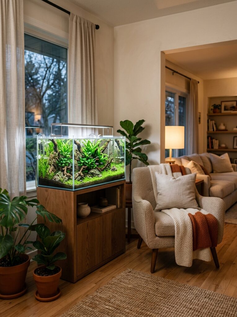 Cozy living room corner featuring a planted aquarium and comfortable seating