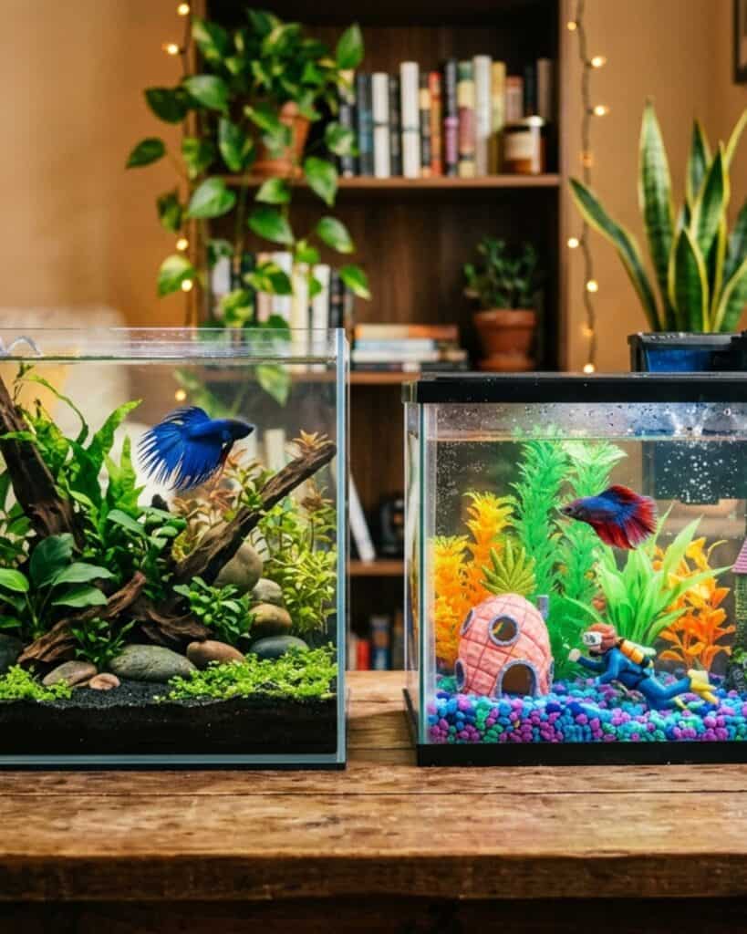 Overdecorated beginner betta fish tank with cluttered artificial decorations
