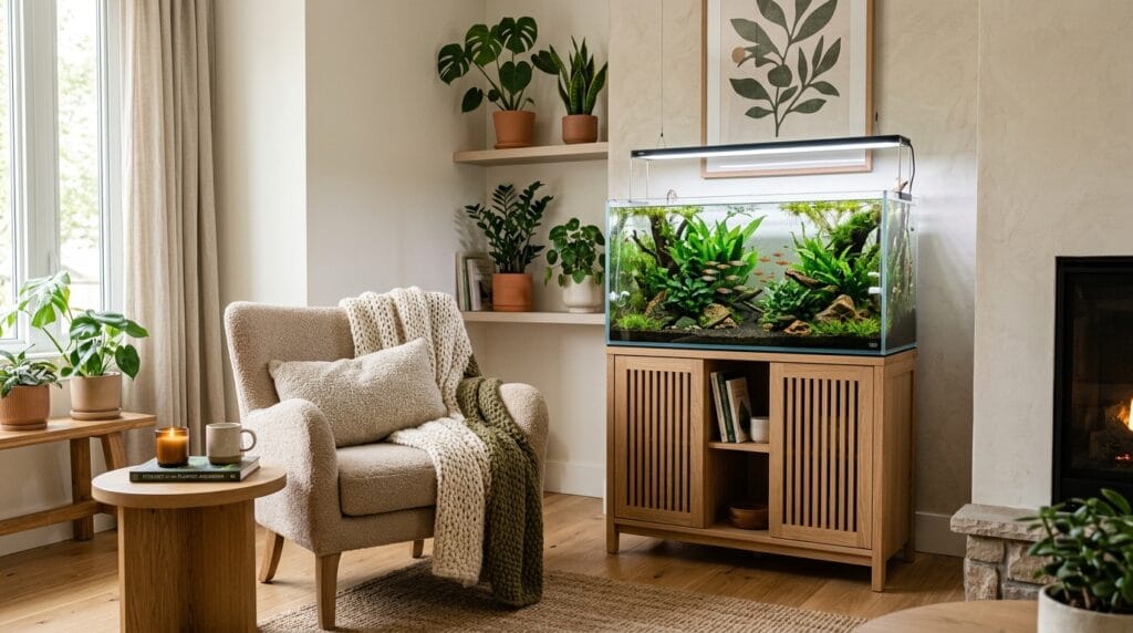 Cozy living room corner featuring a planted aquarium and comfortable seating