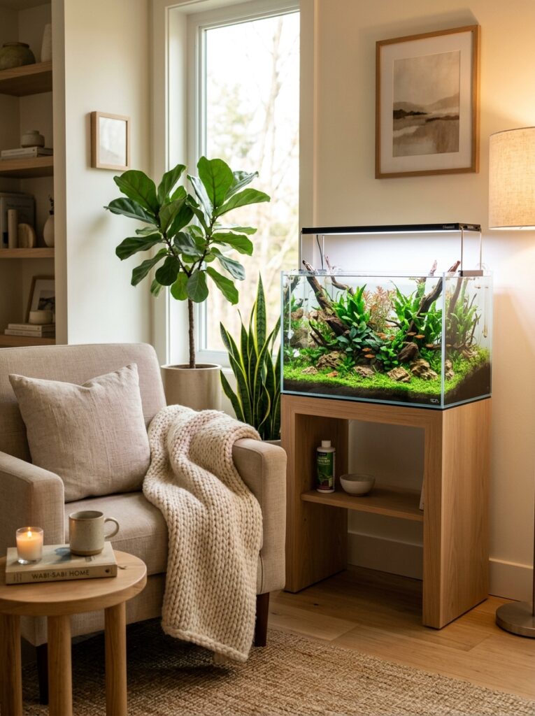 Relaxing aquarium corner with planted tank and warm home decor