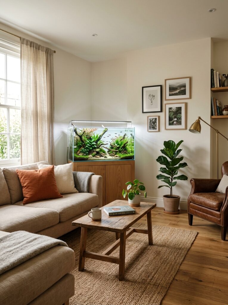 Beautiful aquarium placed in an unused living room corner