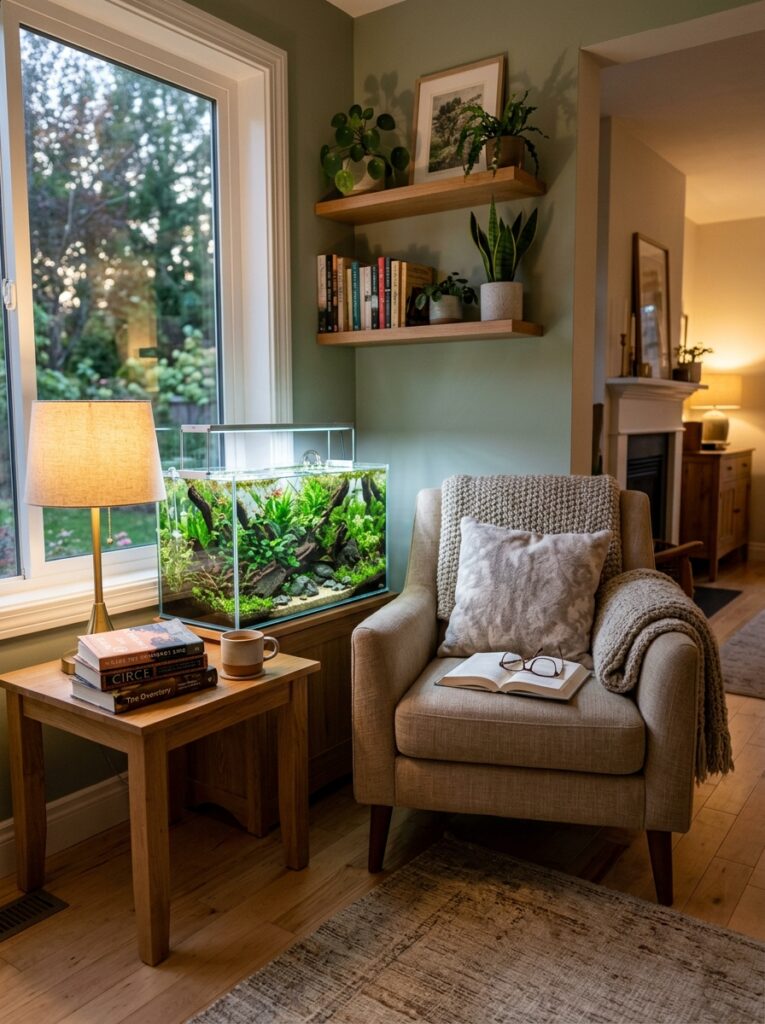 Reading nook featuring a planted aquarium and comfortable chair