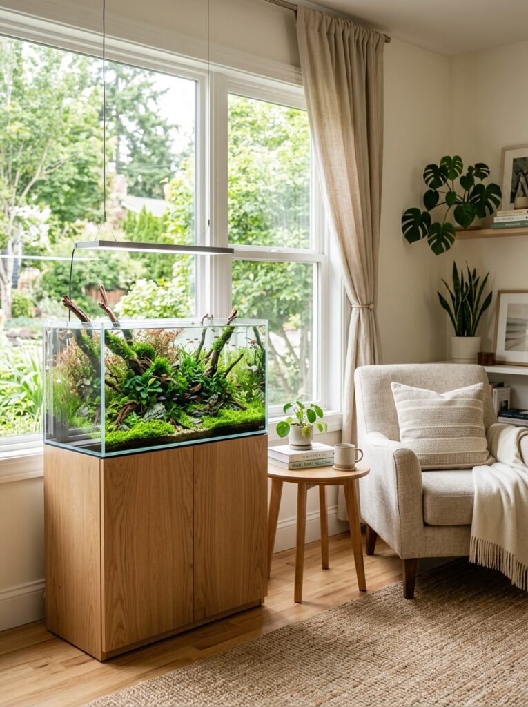 Aquarium corner receiving soft indirect natural daylight
