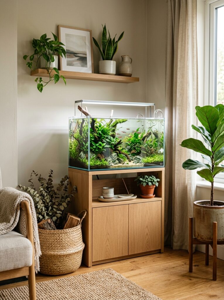 Aquarium surrounded by houseplants and natural home decor