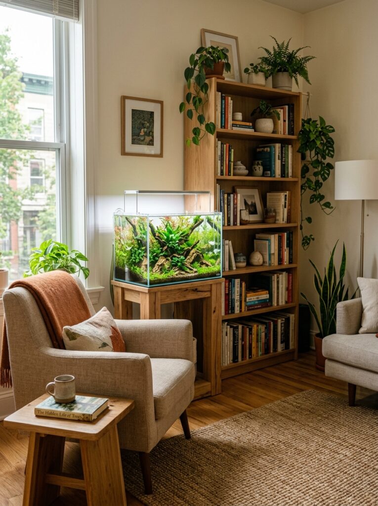 Compact planted aquarium in a cozy apartment corner