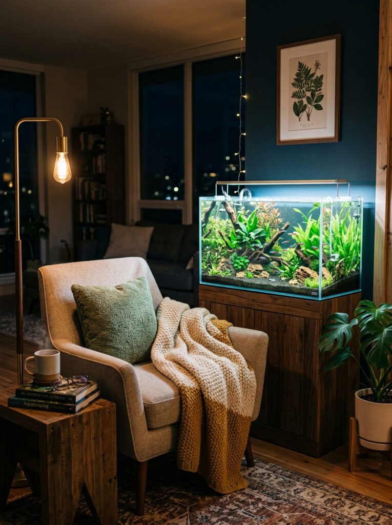 Evening aquarium corner illuminated by warm ambient lighting