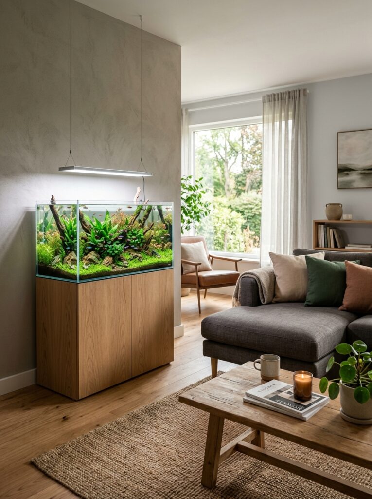 Thoughtfully designed aquarium corner with balanced decor
