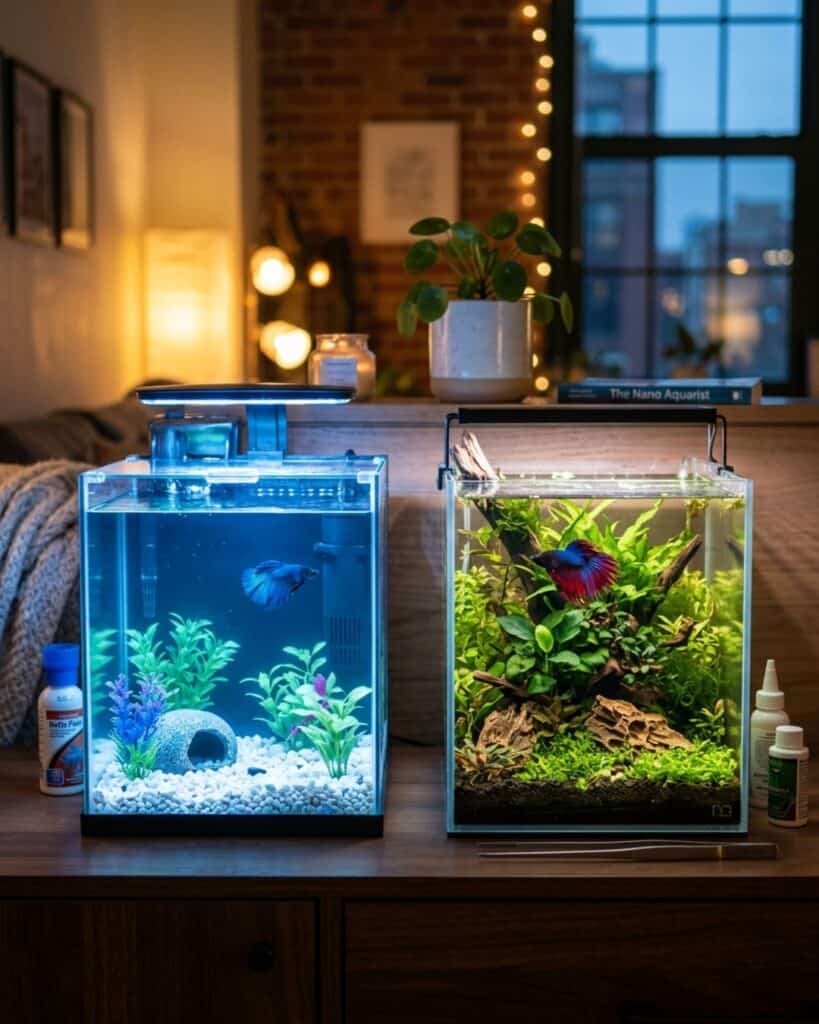 Harsh blue aquarium lighting compared with a warm cozy betta tank setup