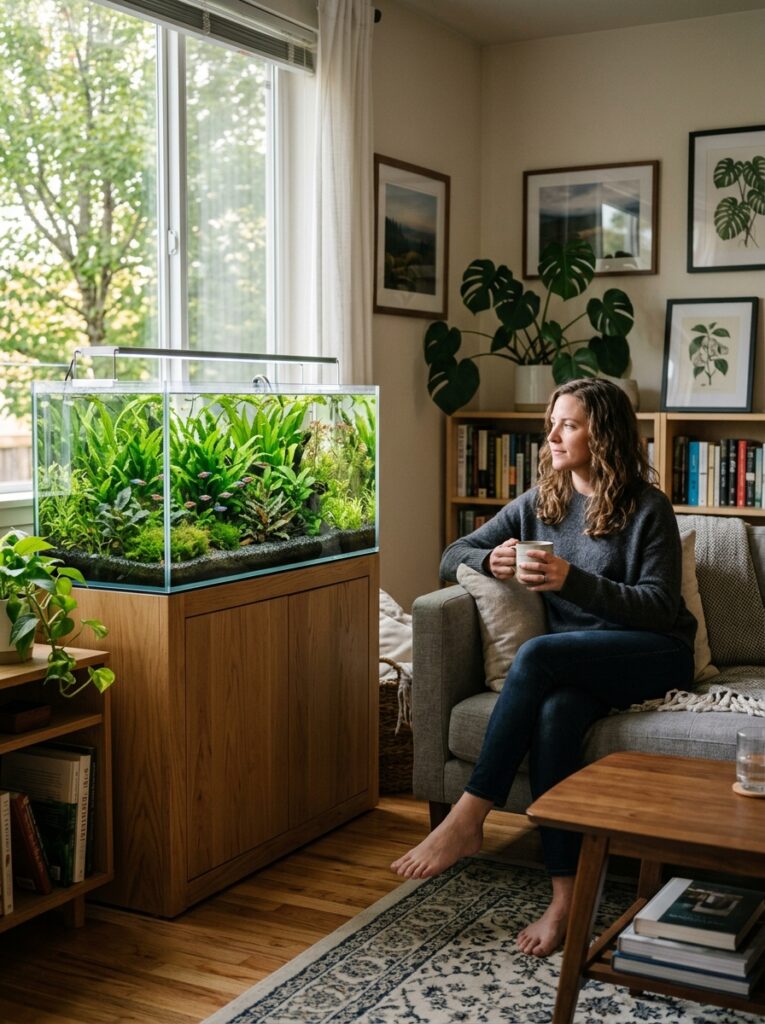 Beautiful low-maintenance planted aquarium in a modern western apartment