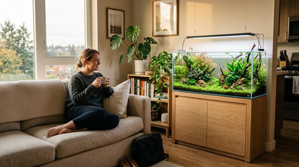 Beautiful low-maintenance planted aquarium in a modern western apartment