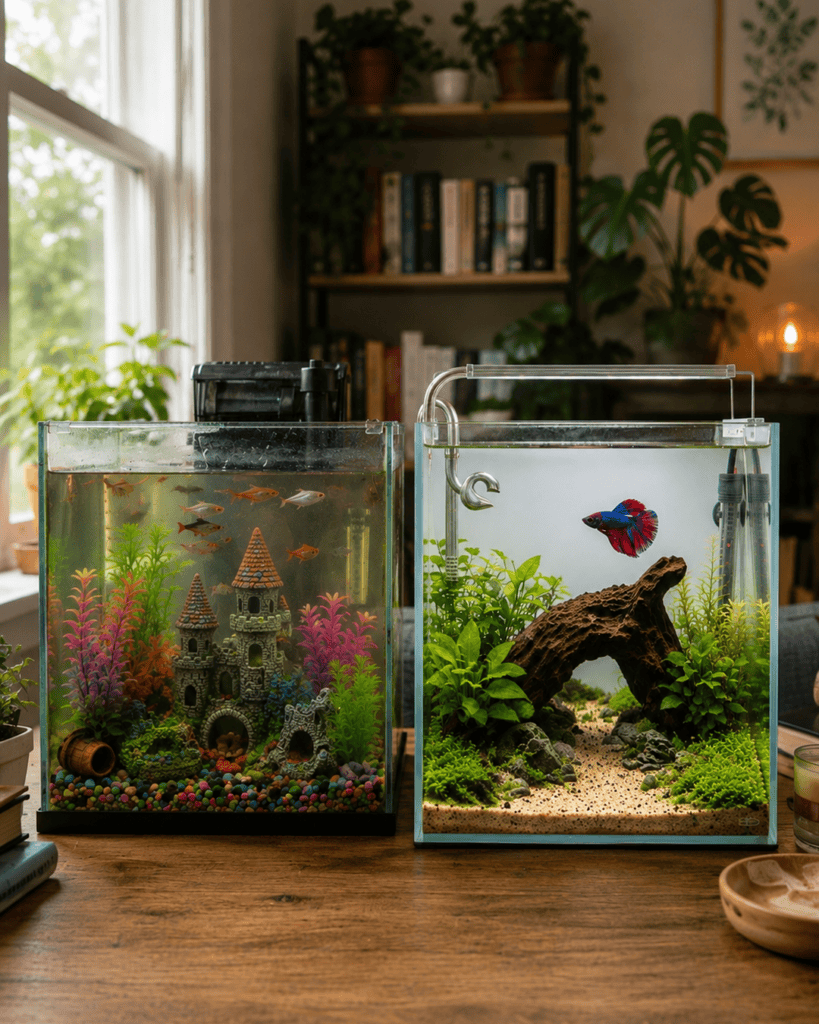 Overcrowded betta fish tank beside a balanced minimalist nano aquarium