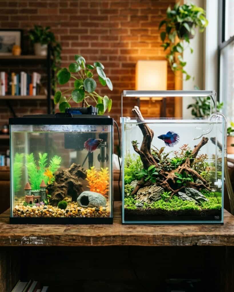 Unbalanced beginner aquascape compared with a natural planted nano aquarium