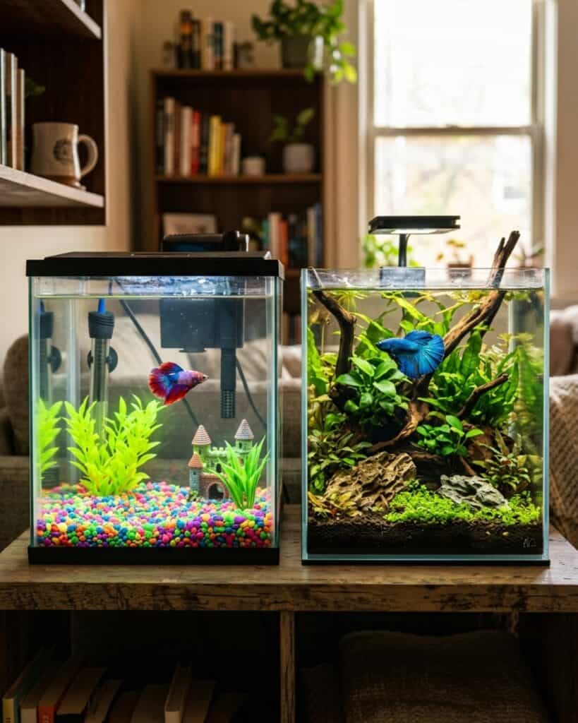 Bright artificial aquarium gravel beside a natural aquascape substrate