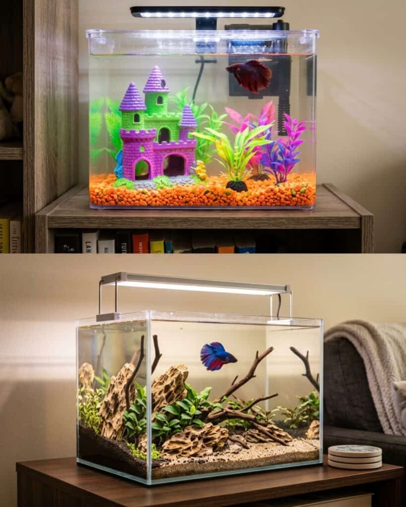 Oversized aquarium decorations inside a small beginner betta fish tank