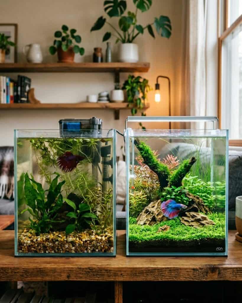 Messy aquatic plant placement beside a balanced planted betta aquarium