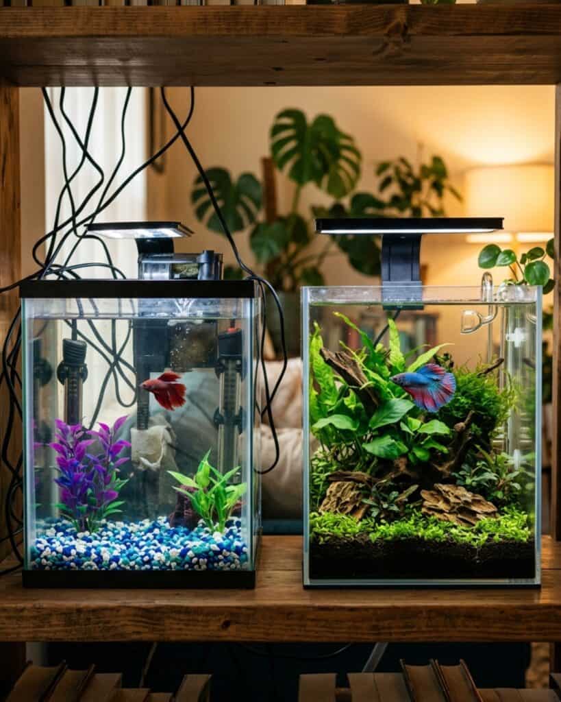 Visible aquarium equipment compared with a clean minimalist aquascape