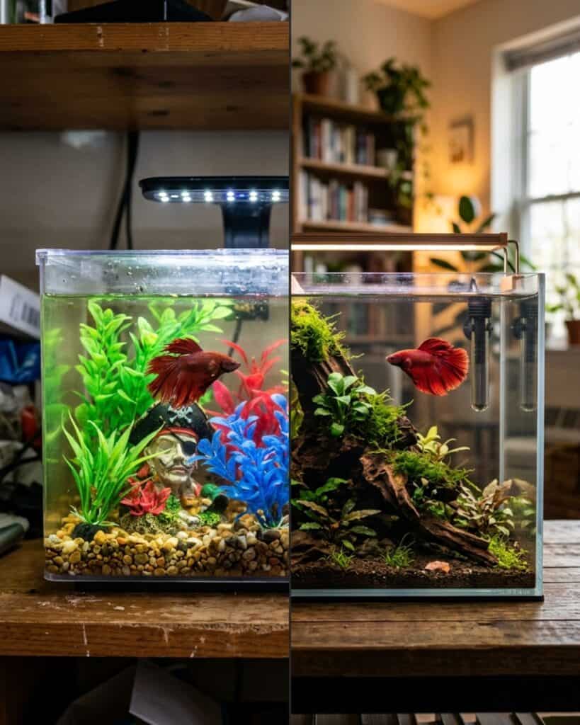 Tiny cluttered betta fish tank with limited open swimming space