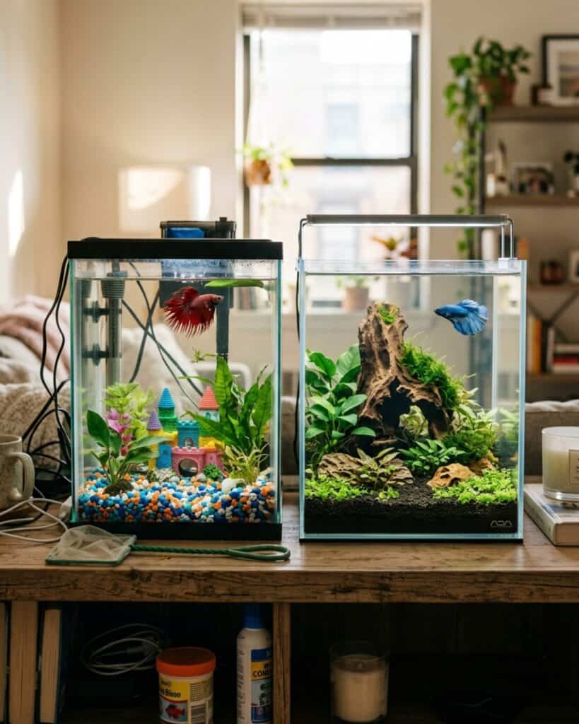 Modern cozy apartment aquarium setup matching minimalist room decor