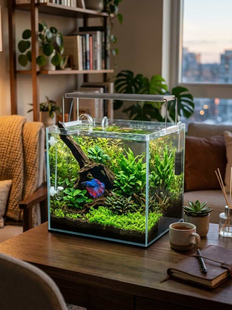 Beautiful beginner betta fish tank with cozy minimalist aquascaping
