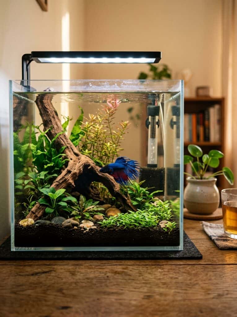 Properly sized beginner betta fish tank with balanced aquascaping