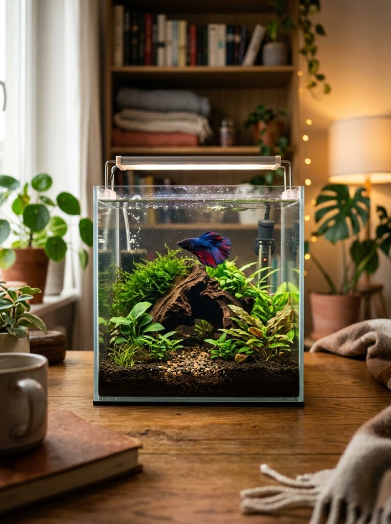 Natural dark substrate inside a cozy planted betta fish aquarium