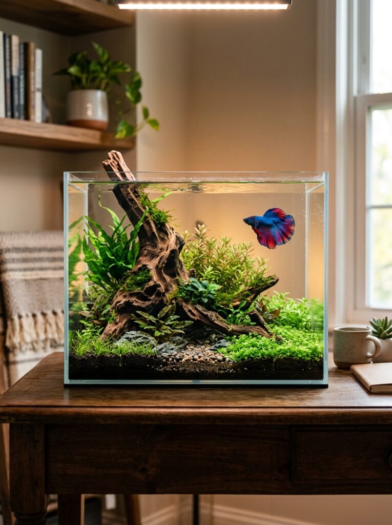 Simple beginner-friendly betta fish aquascape with natural driftwood