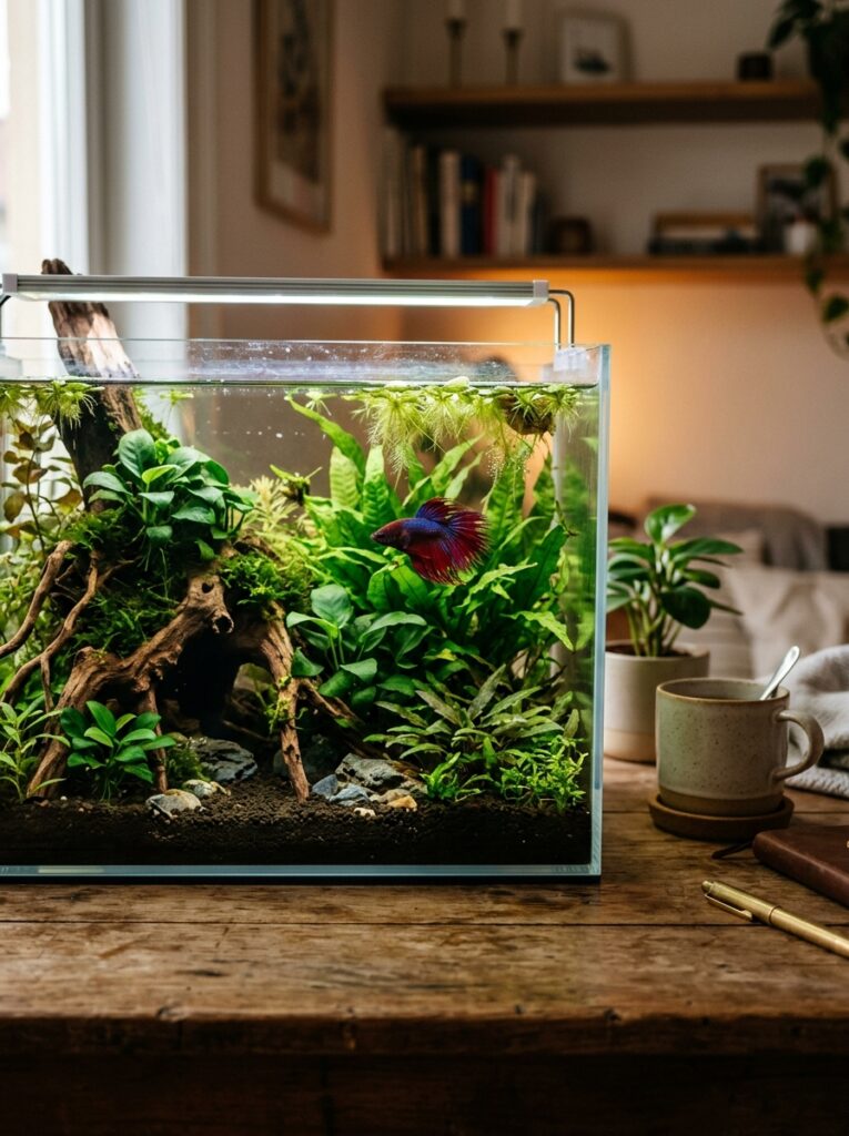 Cozy planted betta fish tank with beginner-friendly live aquatic plants