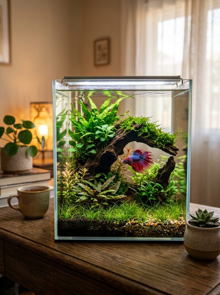 Warm relaxing lighting inside a minimalist betta fish aquarium