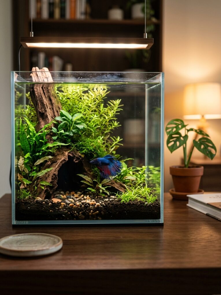 Natural hiding spaces inside a cozy beginner betta fish tank