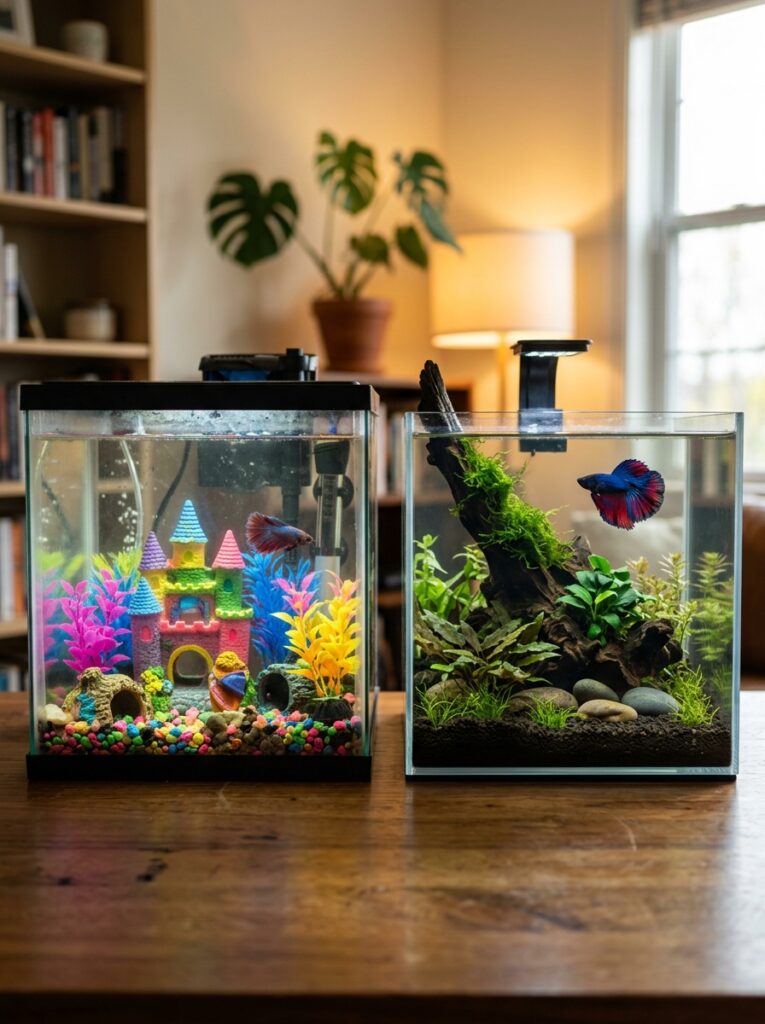 Overcrowded aquarium decorations beside a clean minimalist nano tank
