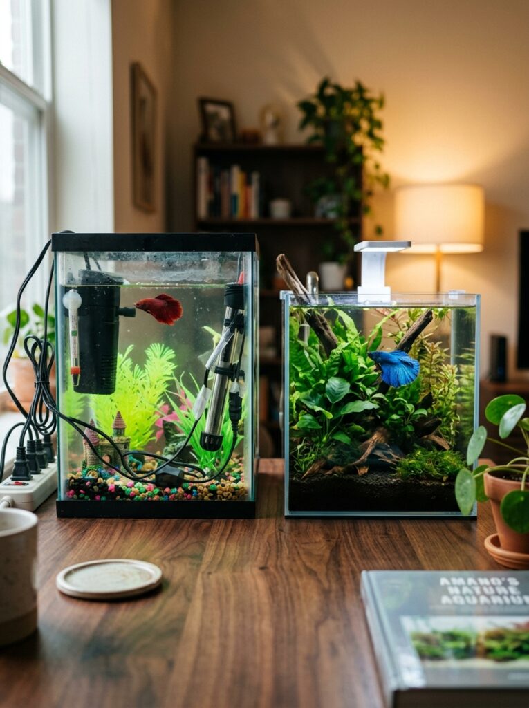 Hidden aquarium equipment inside a clean planted betta fish tank