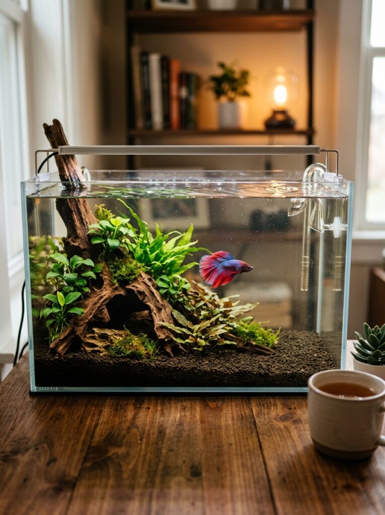 Balanced open swimming space inside a minimalist betta fish aquarium