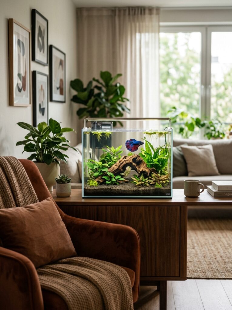 Modern cozy apartment aquarium matching minimalist room decor