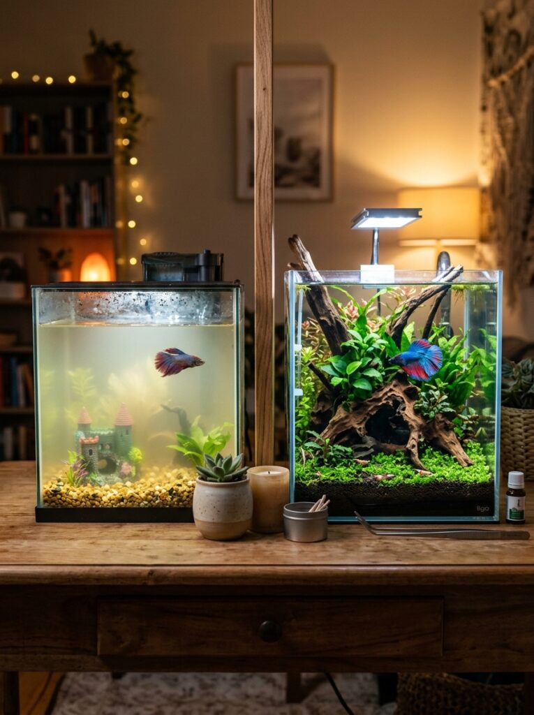 Cloudy beginner betta fish tank beside a crystal clear planted nano aquarium